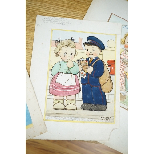 727 - Phyllis Purser (1893-1990), set of six original watercolours for childrens' postcard designs, Humoro... 