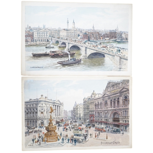 730 - Alfred Robert Quinton (1853-1934), two watercolours on card, Piccadilly Circus and London Bridge, on... 