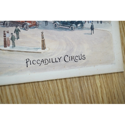 730 - Alfred Robert Quinton (1853-1934), two watercolours on card, Piccadilly Circus and London Bridge, on... 