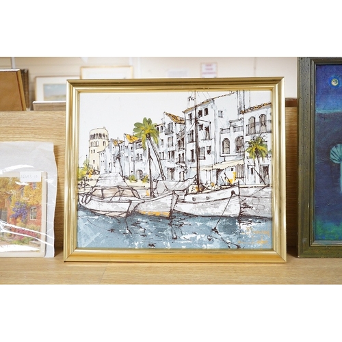 738 - Bernard Dufour, impressionist mixed media on canvas board, Continental harbour view with boats, sign... 