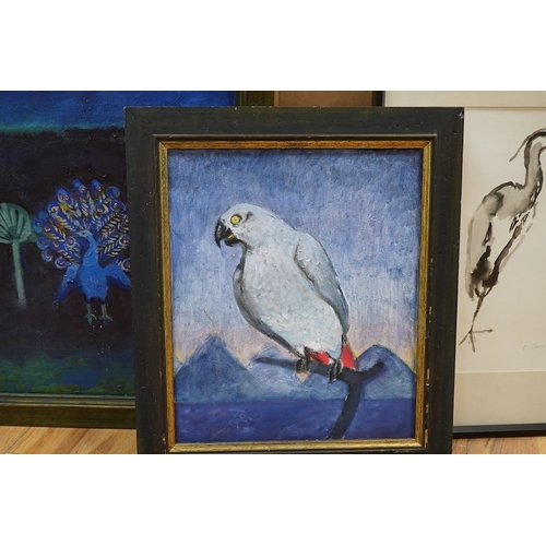 739 - Caroline Conran, two oils on canvas, Peacock and parrot, together with a monochrome watercolour of a... 