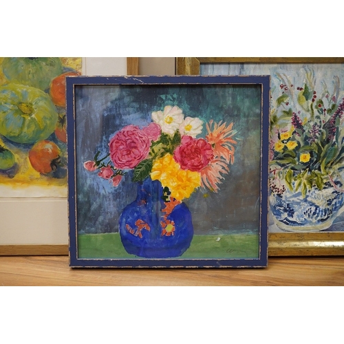 746 - Caroline Conran (b.1939), oil on canvas board, Still life, flowers in a blue and white jug, signed w... 