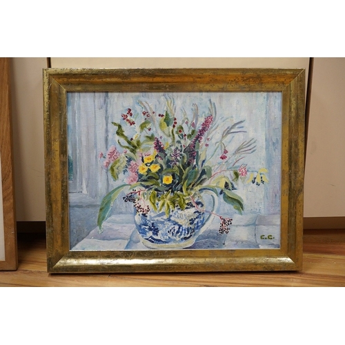 746 - Caroline Conran (b.1939), oil on canvas board, Still life, flowers in a blue and white jug, signed w... 