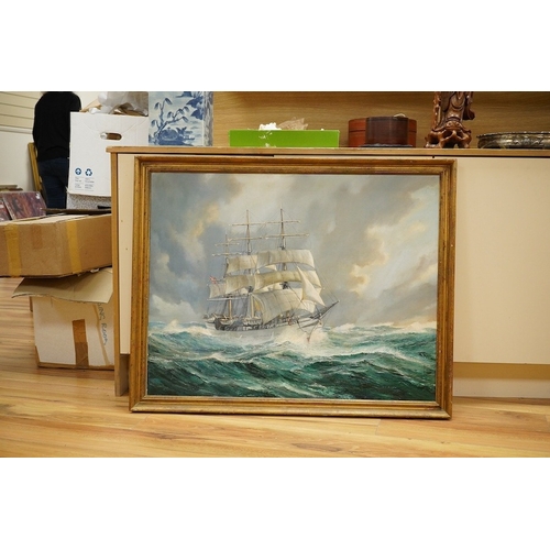 756 - 20th century School, oil on canvas, Study of a ship in full sail, 70 x 90cm, gilt framed. Condition ... 