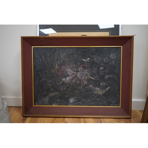 759 - Jo Jo, mid 20th century New Zealand School, oil on board, Kiwis in undergrowth, signed and dated 196... 