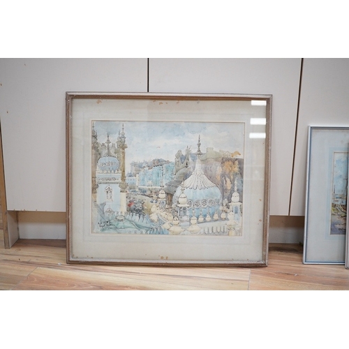 768 - Doris Kirlew, ink and watercolour, City view, inscribed in ink, together with two other watercolours... 