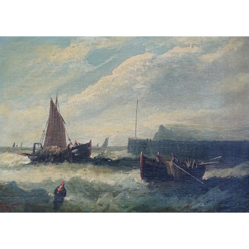 771 - E. Byron, pair of oils on canvas, Fishing boats off the coast, 24 x 34cm. Condition - fair to good, ... 