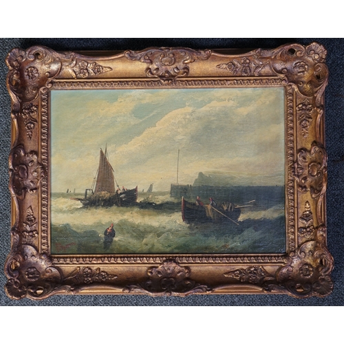 771 - E. Byron, pair of oils on canvas, Fishing boats off the coast, 24 x 34cm. Condition - fair to good, ... 