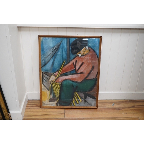 781 - Foiso Fois (Sardinian, 1916-1984), pastel, Study of a fisherman weaving a lobster pot, signed and da... 