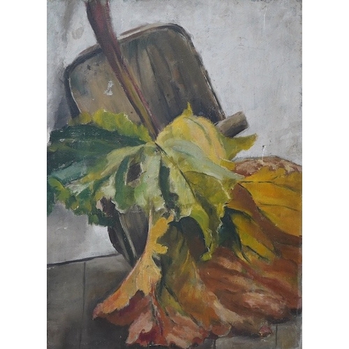 786 - Modern British, oil on canvas, Still life of leaves, indistinctly monogrammed lower left, 67 x 50cm,... 