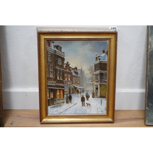 791 - Essel, late 20th century, oil on canvas, Winter Street scene, 30 cm x 24cm. Condition - fair to good... 