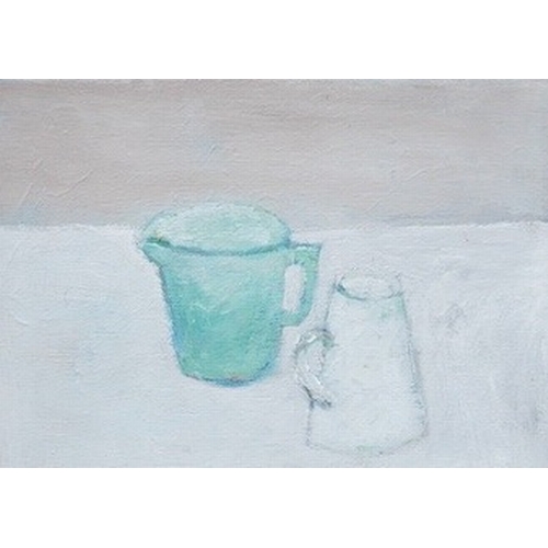 796 - Hugo Lines, Modern British, acrylic on board, still life of two jugs titled Tuesday, mounted and sig... 