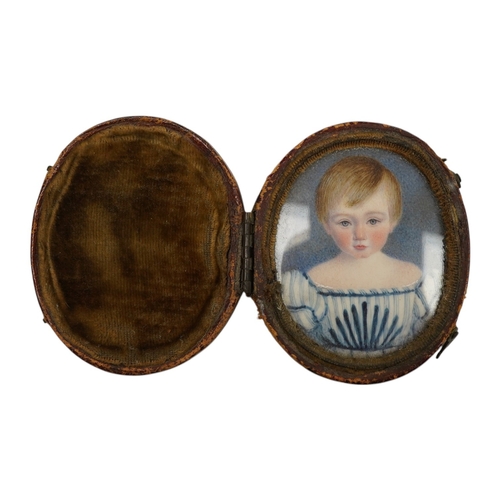 798 - A Regency portrait miniature on ivory of a boy, oval, 4.6 X 3.7 cm, good condition, in a contemporar... 