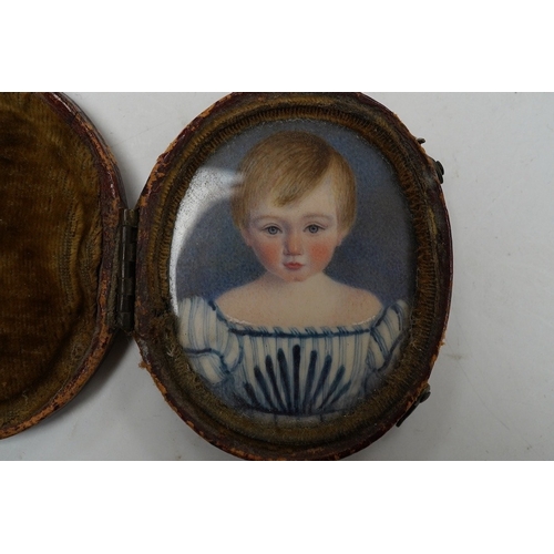 798 - A Regency portrait miniature on ivory of a boy, oval, 4.6 X 3.7 cm, good condition, in a contemporar... 