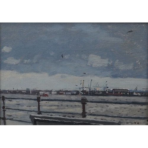 799 - § § Ken Howard (1932-2022), oil on board, Harbour scene with docks, initialled K.H., 15 x 21cm, gild... 