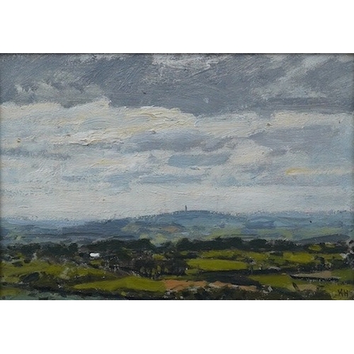 800 - § § Ken Howard (1932-2022), oil on board, Rural landscape with distant view of Glastonbury, initiall... 