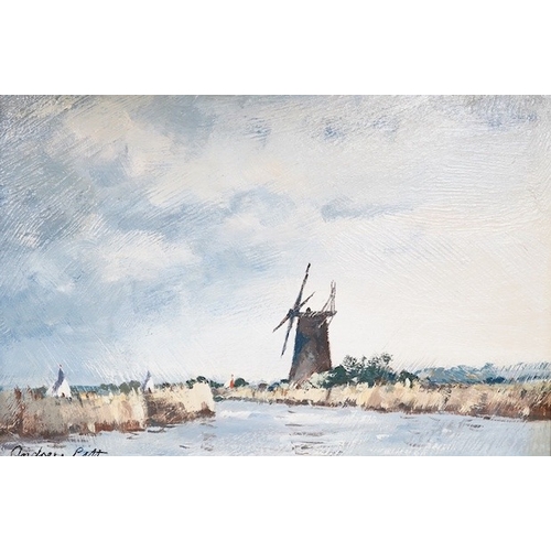 802 - Andrew Pitt, pair oils on board, Norfolk scenes including On the Broads, signed 15.5cm x 23cm. Con... 