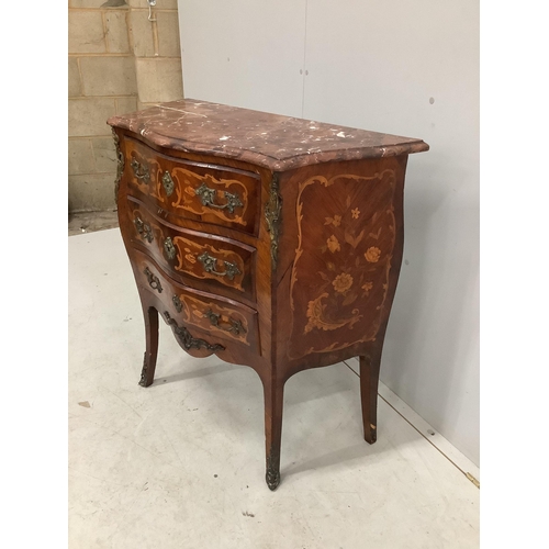 82 - A small French gilt metal mounted marquetry inlaid marble topped bombe commode, width 80cm, depth 38... 