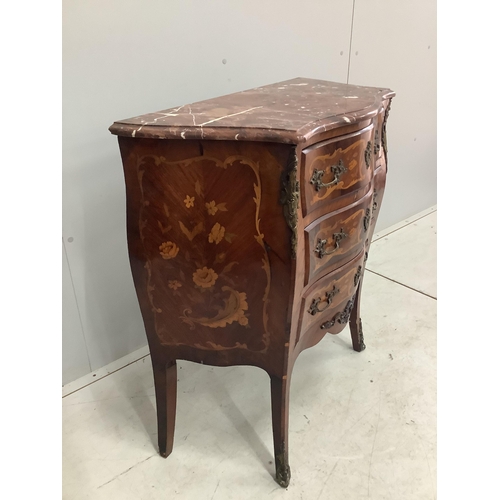 82 - A small French gilt metal mounted marquetry inlaid marble topped bombe commode, width 80cm, depth 38... 