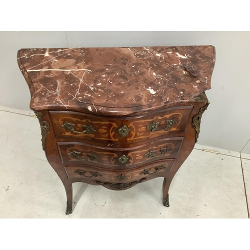 82 - A small French gilt metal mounted marquetry inlaid marble topped bombe commode, width 80cm, depth 38... 