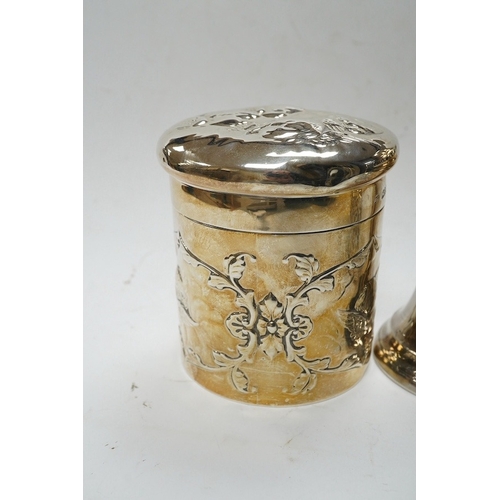 825 - An Edwardian silver 'Reynold's Angels' silver canister, William Comyns, London, 1902, 90mm, together... 