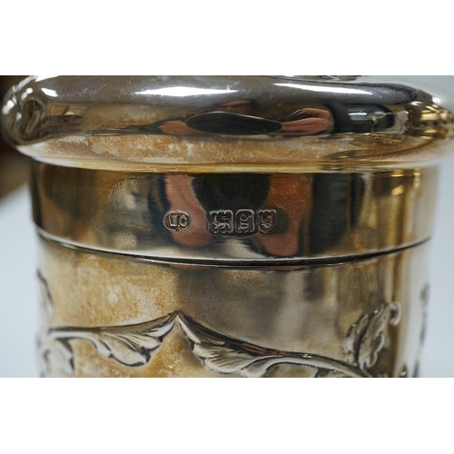 825 - An Edwardian silver 'Reynold's Angels' silver canister, William Comyns, London, 1902, 90mm, together... 