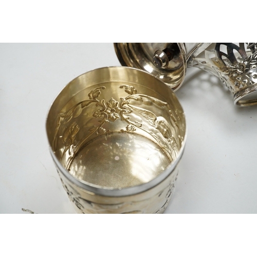 825 - An Edwardian silver 'Reynold's Angels' silver canister, William Comyns, London, 1902, 90mm, together... 