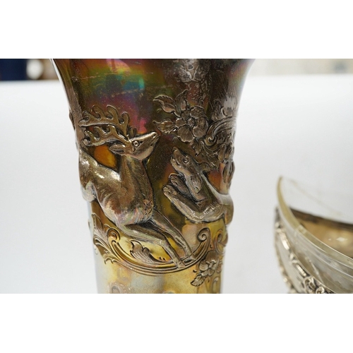 826 - An Edwardian silver vase, embossed with hunting scene, with blue glass liner, Manoah Rhodes & Sons L... 