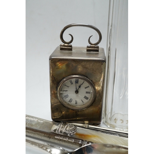 827 - An Edwardian silver cased miniature carriage timepiece, by William Comyns, 67mm, London, 1901, toget... 