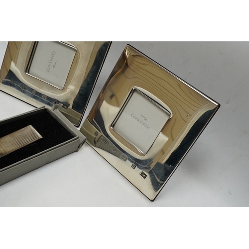 828 - Two boxed modern silver mounted Concorde photograph frames, 12.1cm, Carr's of Sheffield, 1003, toget... 