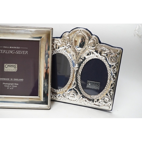 829 - A modern boxed Carr's of Sheffield, silver mounted double photograph frame, width 18.3cm, together w... 