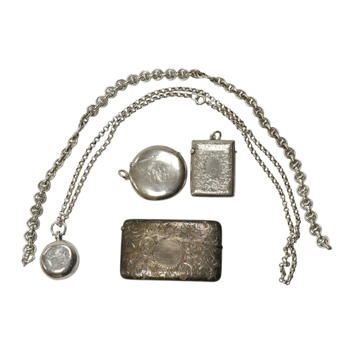 834 - An Edwardian engraved silver sovereign case, Birmingham, 1905, on a silver chain, one other sterling... 