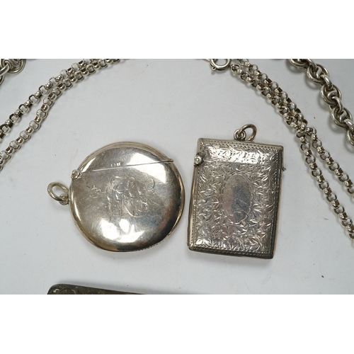 834 - An Edwardian engraved silver sovereign case, Birmingham, 1905, on a silver chain, one other sterling... 