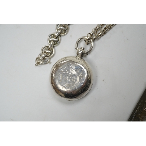 834 - An Edwardian engraved silver sovereign case, Birmingham, 1905, on a silver chain, one other sterling... 