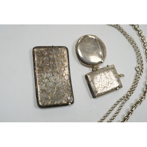 834 - An Edwardian engraved silver sovereign case, Birmingham, 1905, on a silver chain, one other sterling... 