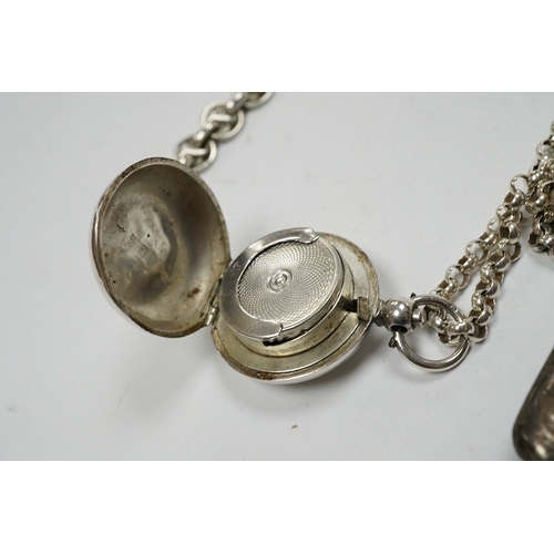 834 - An Edwardian engraved silver sovereign case, Birmingham, 1905, on a silver chain, one other sterling... 