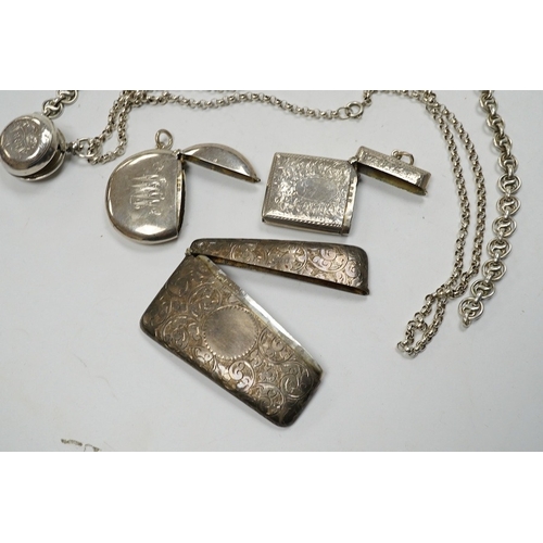 834 - An Edwardian engraved silver sovereign case, Birmingham, 1905, on a silver chain, one other sterling... 