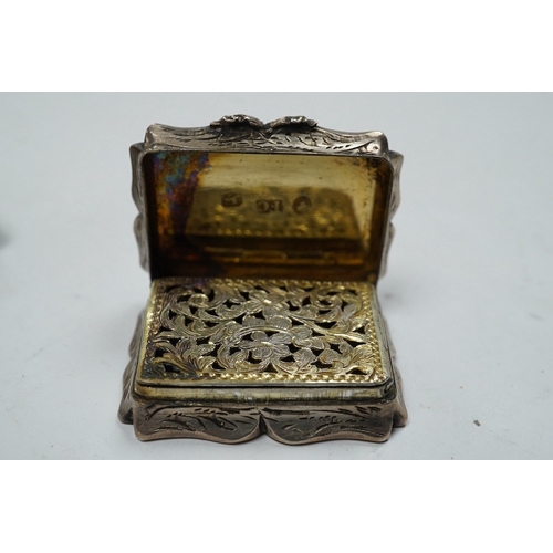 838 - A late George III silver rectangular vinaigrette, John Thropp, Birmingham, 1819, 39mm and one other ... 