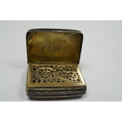 838 - A late George III silver rectangular vinaigrette, John Thropp, Birmingham, 1819, 39mm and one other ... 