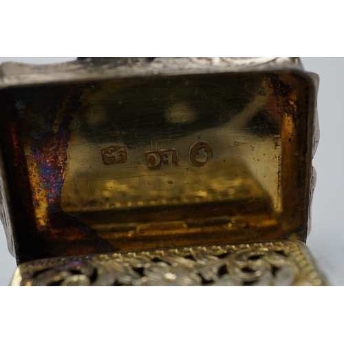 838 - A late George III silver rectangular vinaigrette, John Thropp, Birmingham, 1819, 39mm and one other ... 