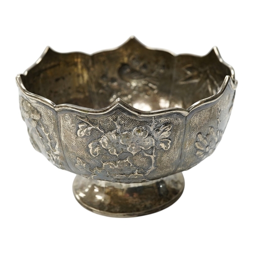 840 - A late 19th/early 20th century Chinese white metal pedestal bowl, decorated with birds and foliage, ... 