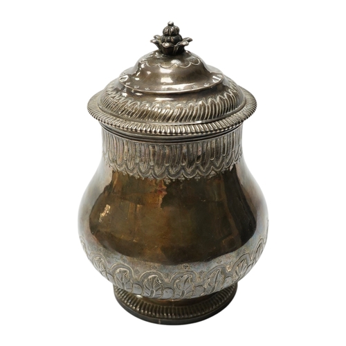 841 - An 18th century French white metal baluster pot and cover, indistinct marks, height 16cm, 10.8oz. Co... 