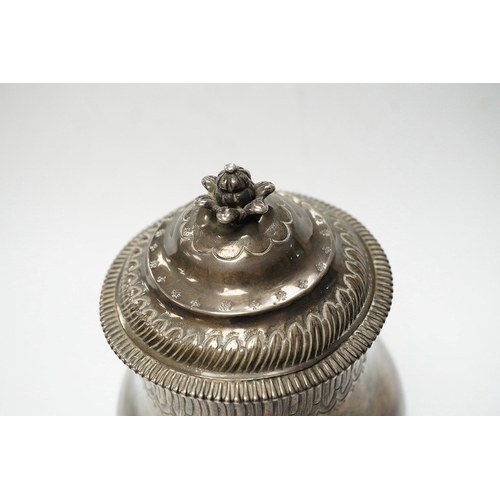 841 - An 18th century French white metal baluster pot and cover, indistinct marks, height 16cm, 10.8oz. Co... 