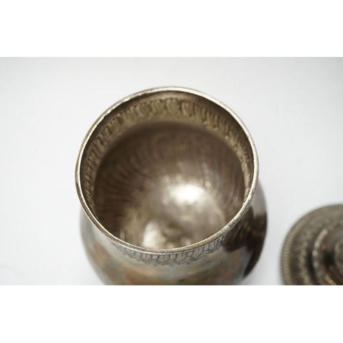 841 - An 18th century French white metal baluster pot and cover, indistinct marks, height 16cm, 10.8oz. Co... 