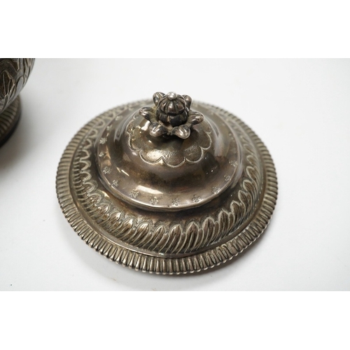 841 - An 18th century French white metal baluster pot and cover, indistinct marks, height 16cm, 10.8oz. Co... 