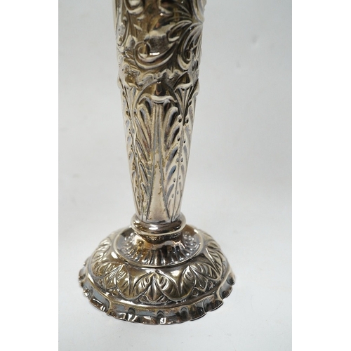 842 - A pair of late Victorian repousse silver trumpet vase, Charles Boyton II, London, 1892/3, 20.3cm, we... 