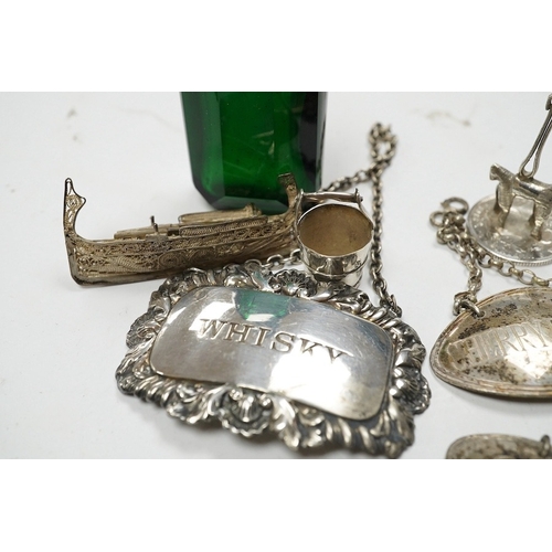 848 - Sundry small silver including a vesta case, two wine labels, mounted glass scent bottle, wishbone su... 