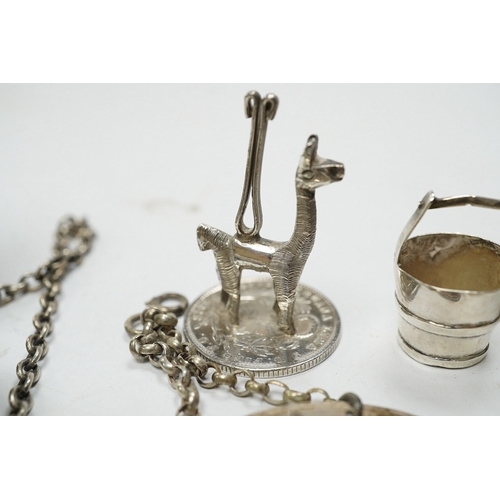 848 - Sundry small silver including a vesta case, two wine labels, mounted glass scent bottle, wishbone su... 