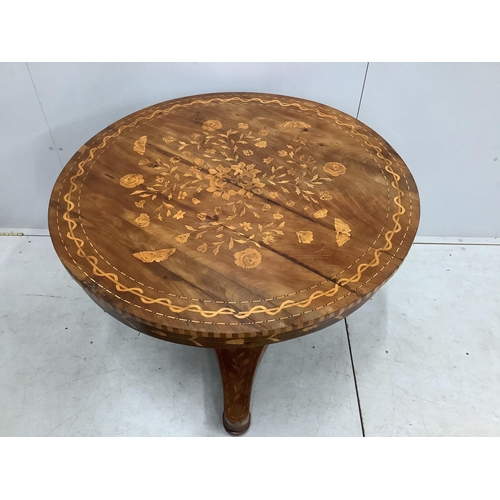 86 - An early 19th century Dutch marquetry inlaid circular walnut centre table, diameter 100cm, height 77... 