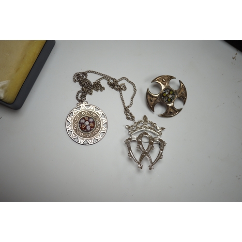 901 - Two modern Caithness silver brooches/pendants, 39mm and 38mm and a silver cloak pin. Condition - goo... 